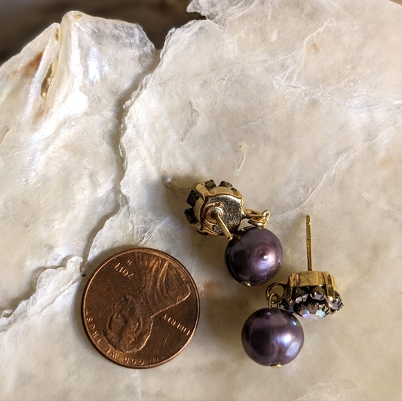 Purple Silver Flower Crystal And Freshwater Pearl Earrings - Picture 5 of 5